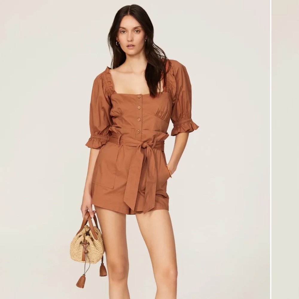 Marissa Webb Collective Paper Bag Puff Sleeve Button Front Romper